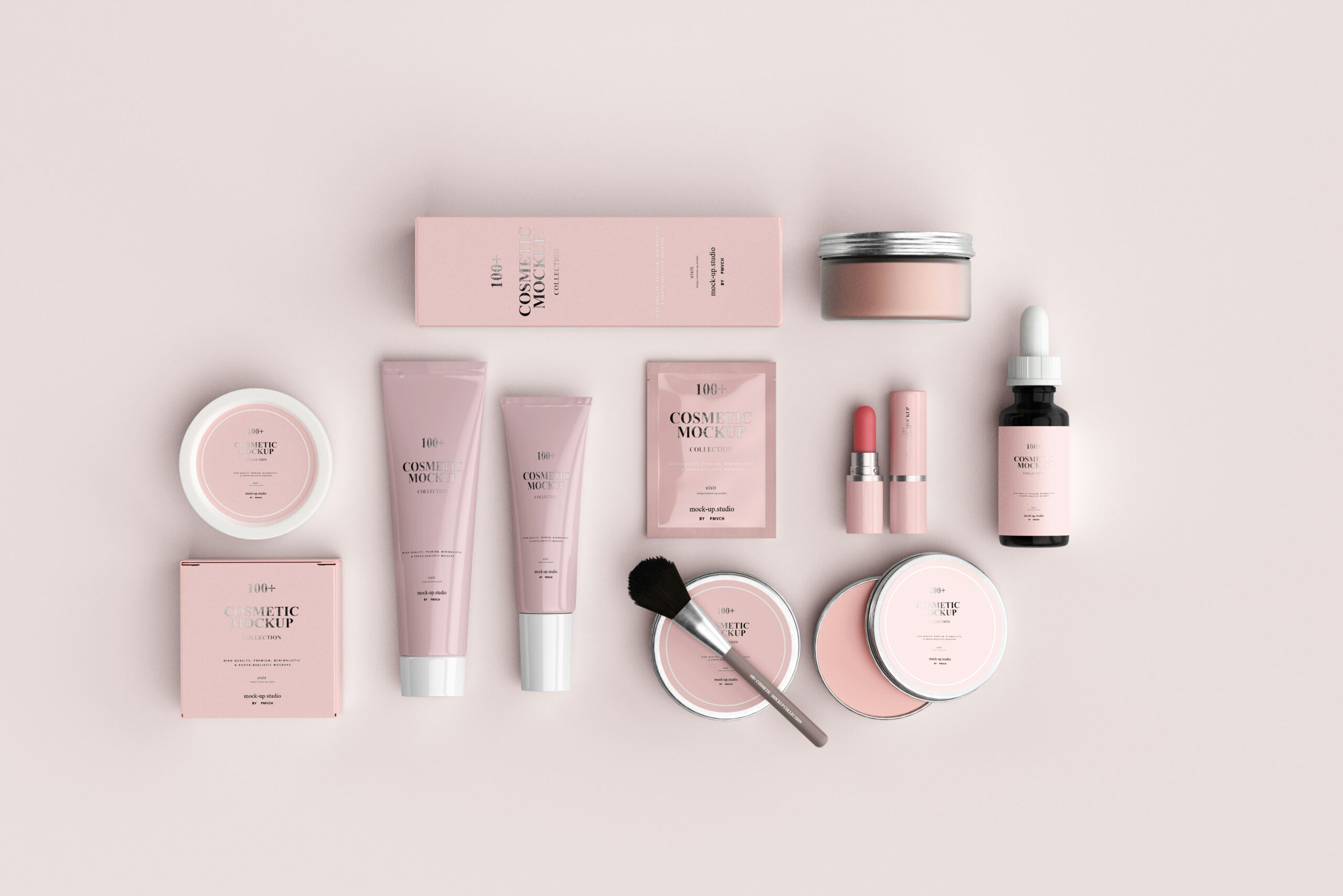 Minimalist pink cosmetic products and makeup accessories arranged in a flat lay.